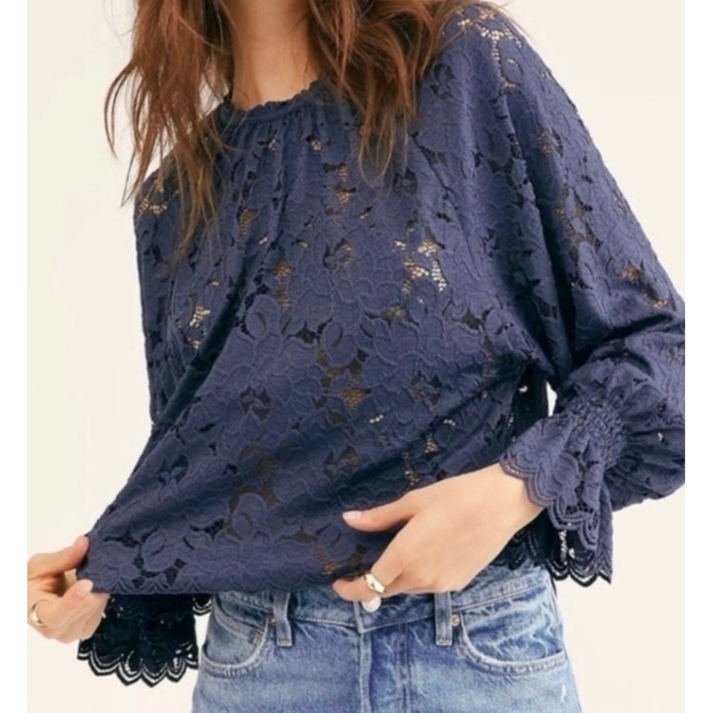 Free People Blouse Women S Navy Blue Lace Long Sleeve Smocked Cuff Scalloped Hem